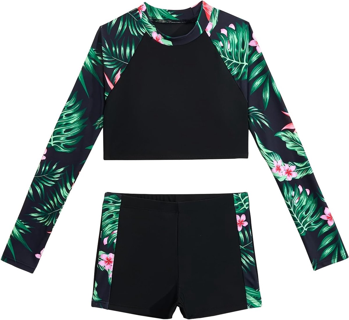 Tweedelig badpak voor kinderen, meisjes, uv-bescherming, badmode, crop bedrukt, zwemshirt met zwemshorts, Rash Guard lange mouwen, strand, 7-14 jaar/lengte 130-160 cm