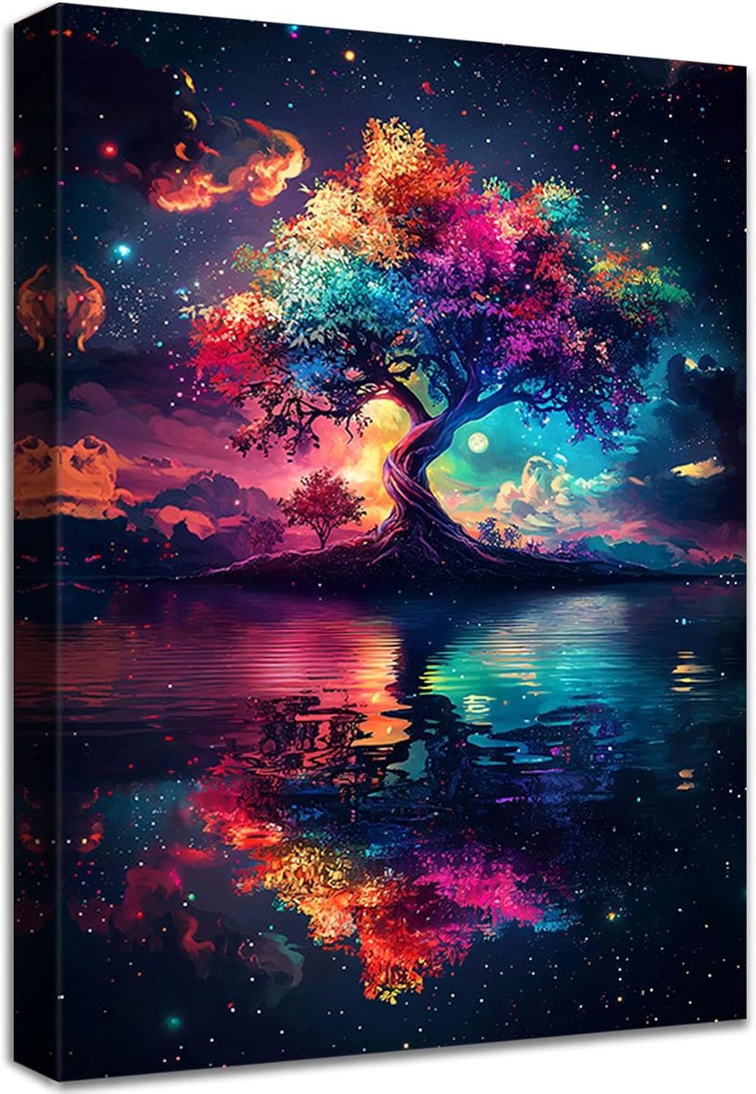 Ingelijste canvas muurkunst kleurrijke levensboom canvas print abstract blauw rood sterrennacht scène foto schilderij poster thuiskantoor gang woonkamer badkamer slaapkamer wanddecoratie 40 x