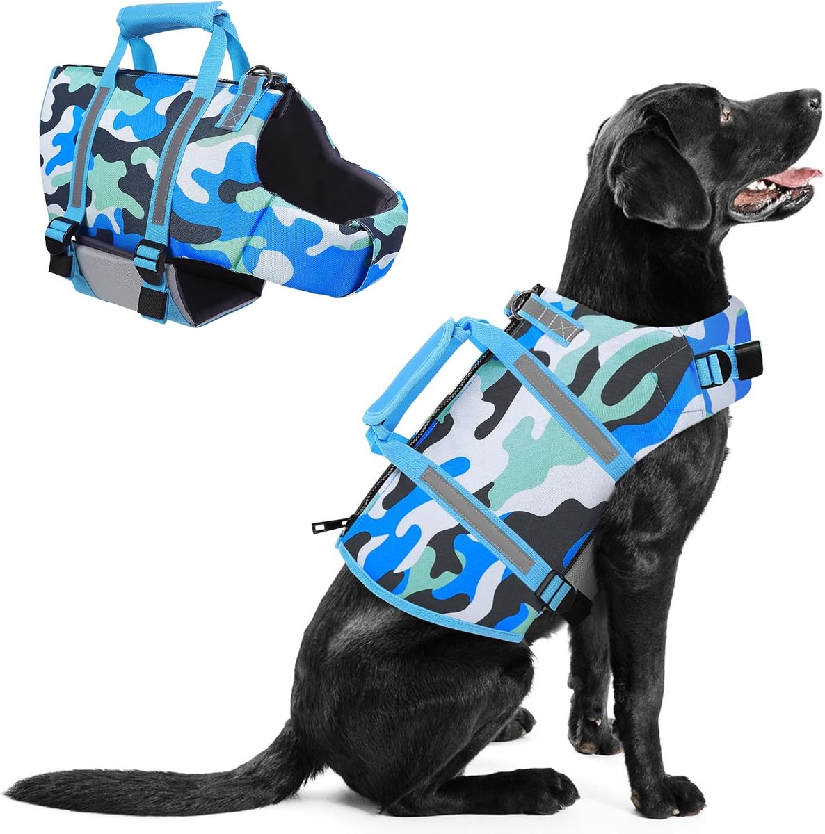Zwemvest voor honden, reddingsvest voor kleine, middelgrote en grote honden, verstelbaar hondenzwemvest met handvat, reflecterend, veilig voor boot en watersport, camo blauw, maat XXL