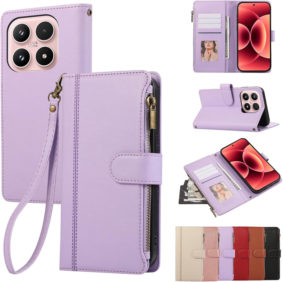 Hoesje voor Xiaomi 17 5G leren hoesje met ritssluiting en magnetische sluiting, portemonneehoesje met 4 kaartsleuven en standaardfunctie retro hoes Xiaomi 17, paars