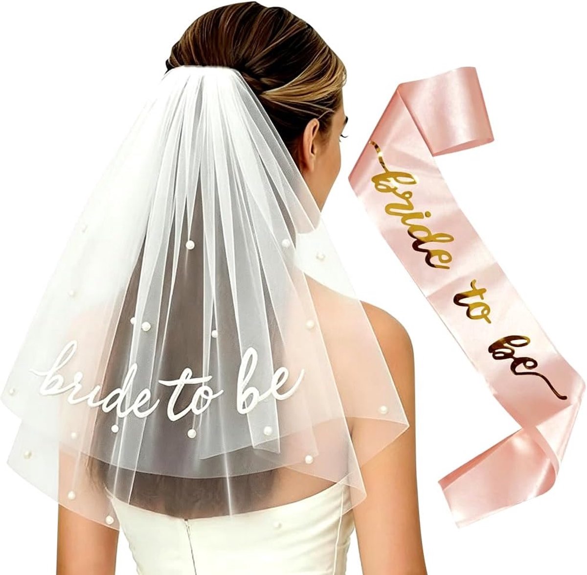 Sluierbruid met parels, bruidssluieraccessoires, elegante bruidssluiers voor dames, prachtige roségouden sjerpen, met geborduurde letters Bride To Be, voor bruiloften, huwelijksaanzoeken