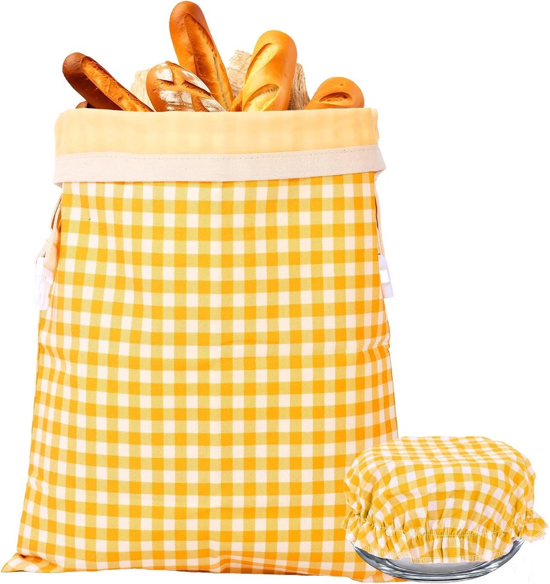 broodzak 43 × 33 cm en afdekkappen voor kommen, katoen, 22 cm, herbruikbare broodzak, karabijnhaak, elastiek, komdeksel, natuurlijke behoud van versheid voor brood, bakwaren, oranje/wit