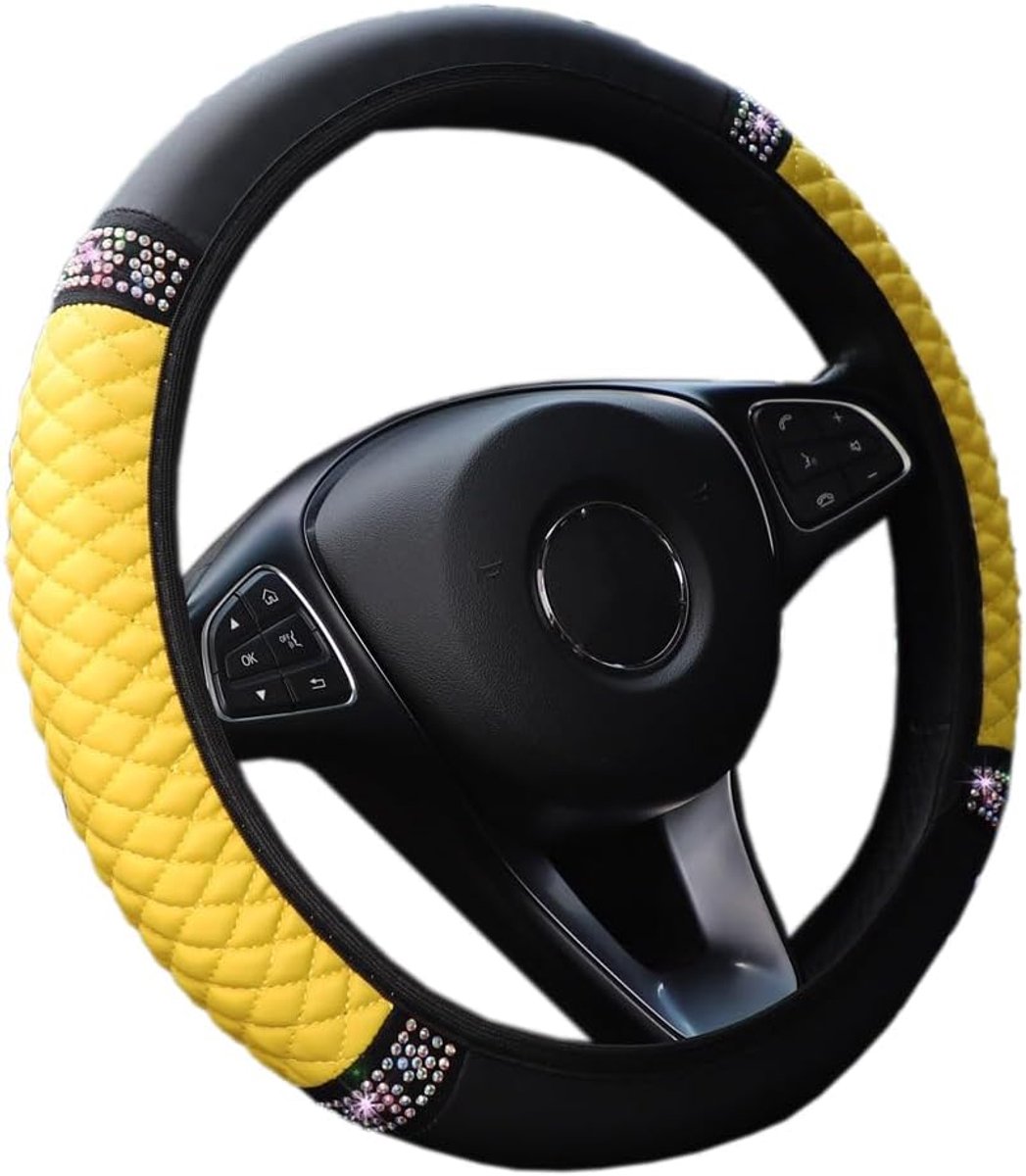 Stuurhoes voor de auto, stuurhoes, leer, universeel, zacht, comfortabel, stuurhoes voor autoaccessoires, diamantstuurhoes, zomer, winter, auto-accessoires, interieur, 37-38 cm, geel