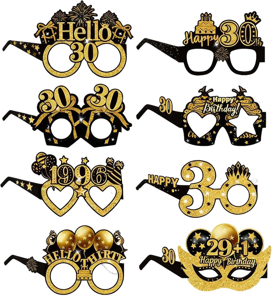 8 stuks 18, 30, 40, 50, 60, 70e verjaardag, mannen, decoratie, verjaardag, man, vrouw, feestbril, decoratie, goud, zwart, grappige brillen, verjaardagsdecoratie, papieren feestbrillen, voor