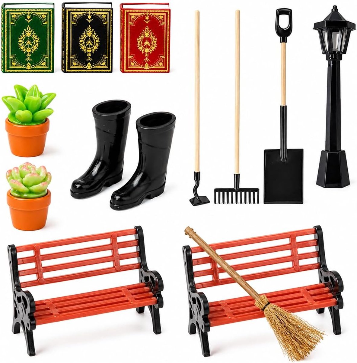 13 PCS miniatuur tuinaccessoires,poppenhuisaccessoires | Mini kabouteraccessoires met 4 tuingereedschappen,1 mini regenlaars,1 parklantaarn,2 parkbanken,2 potplanten, boek voor 3 doe-het-zelf