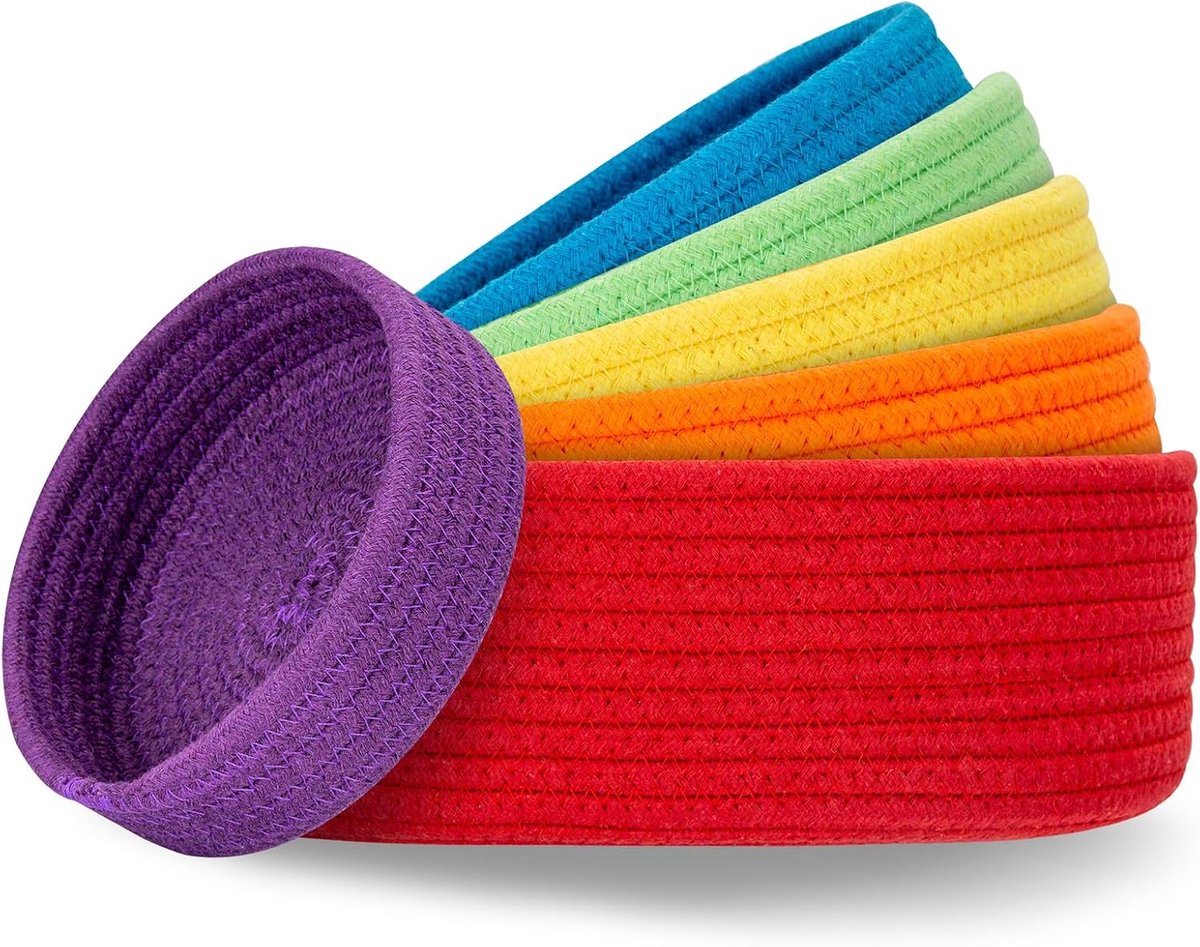 Opbergmanden voor het organiseren, 6 stuks ronde katoenen touwbakken, decoratieve en schattige geweven manden voor slaapkamer en kast, sleutelbak, woondecoratie aanrecht organizer (regenboog)