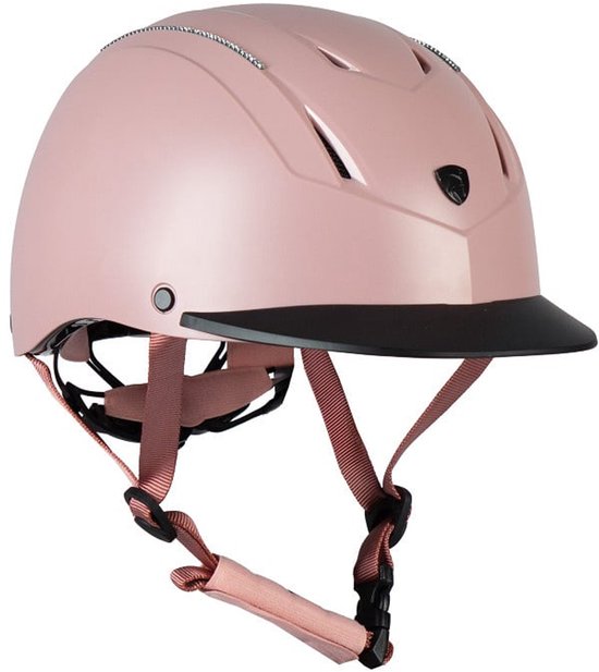 Roze rijhelm met vizier, ventilatie en subtiele glinsterende details.