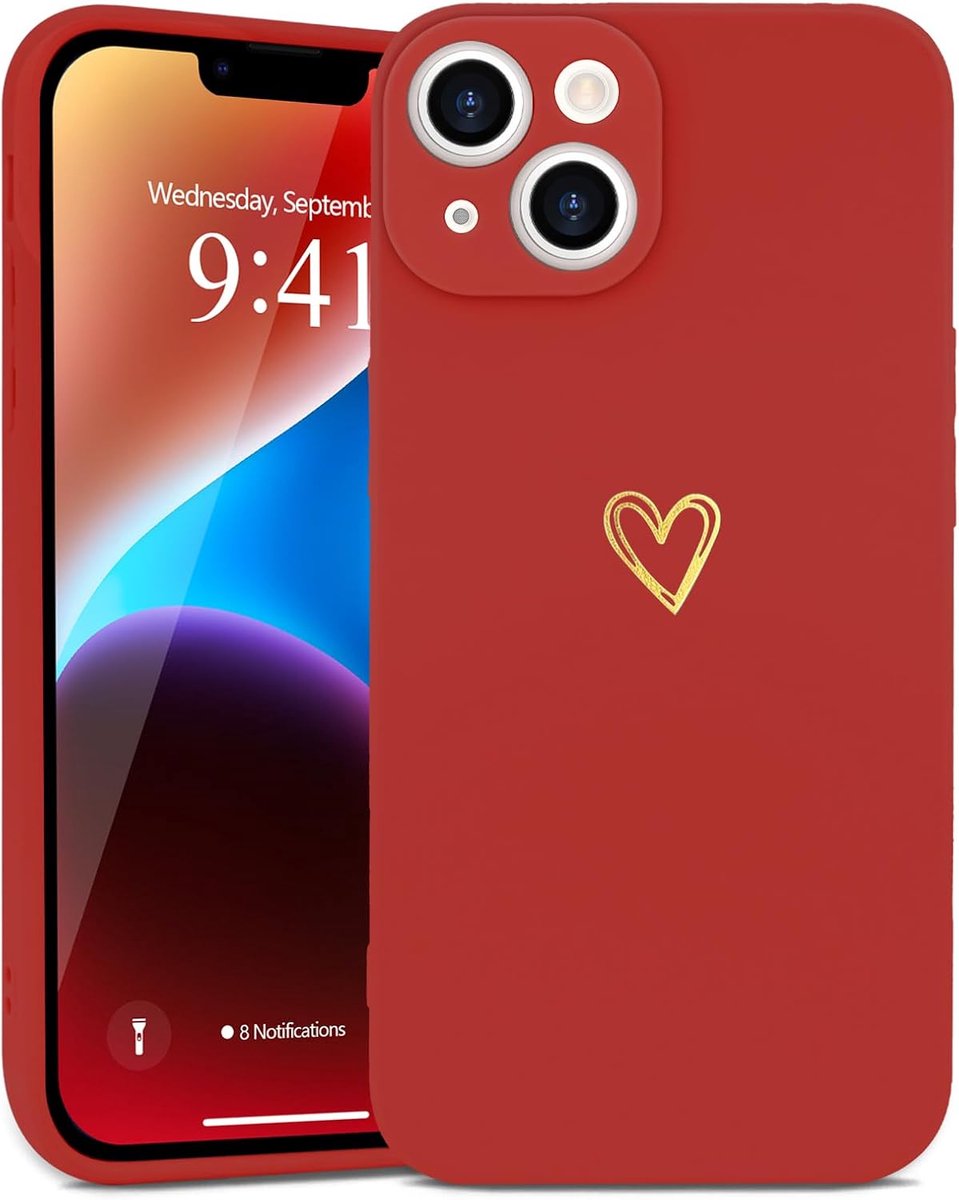 Compatibel met iPhone 14 telefoonhoes meisjes hoes goud liefdeshart zachte siliconen hoes schattig goud love slim stootvast beschermhoes voor iPhone 14 felrood
