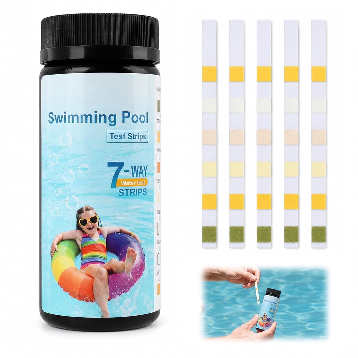 7-in-1 zwembadteststrips, 100 stuks, pH, chloor, broom, cyanuurzuur, totale hardheidstests en alkaliniteitstesten, nauwkeurige watertester voor zwembad, whirlpool, spa, eenvoudig te gebruiken, voor