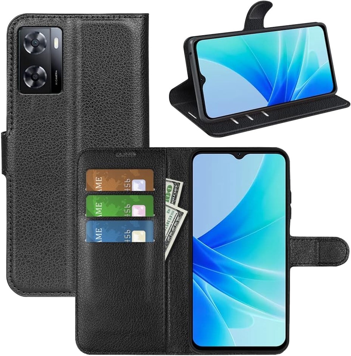 Hoes voor Oppo A57 4G / A57S / A77 4G, telefoonhoes lederen flip case tas met standfunctie, kaartenvak, magnetische gesp, siliconen bumper beschermhoes cover voor Oppo A57 4G / A57S, zwart