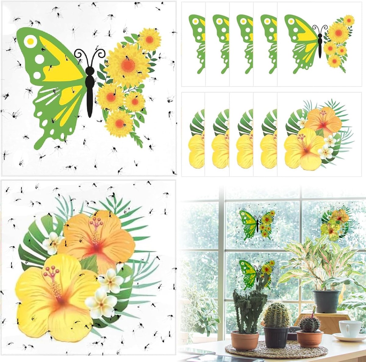 50 stuks vliegenaas voor binnen, plakkerig, raam, vliegenval, vlinder, bloemen, lijmval, geschikt voor keuken, woonkamer, slaapkamer en tuin