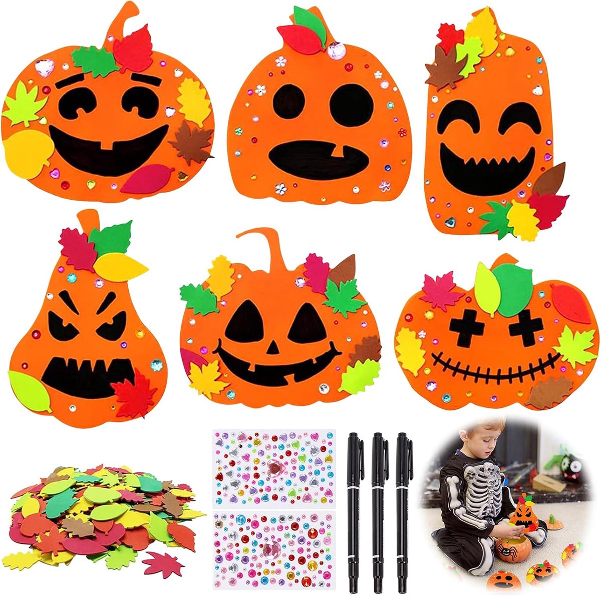 12 kits herfst Halloween pompoendecoraties, doe-het-zelf pompoen-knutselsets, herfstkransen, knutselset voor kinderen, schuimrubberen pompoenvormen met herfst-esdoornbladeren, aquarelstift,