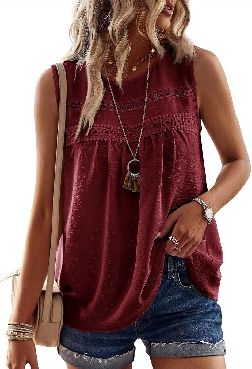 Mouwloze Top met Ronde Hals Boho Stijl Elegante Zomer Tank Top Kant Casual Geplooide Luchtige Losse Tuniek Tops
