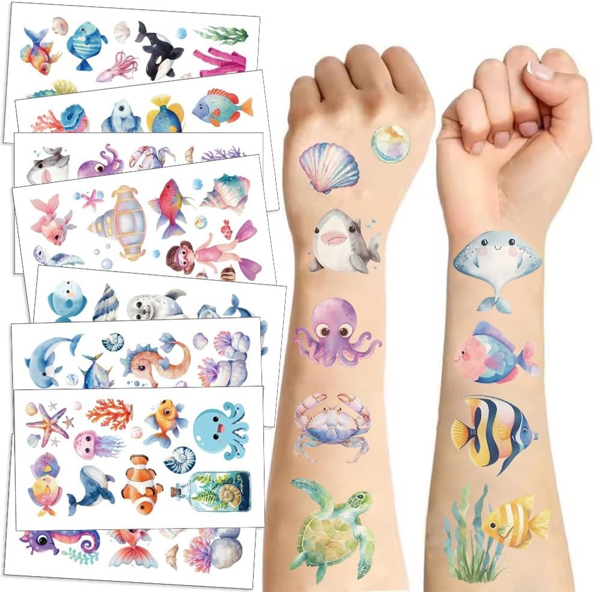 10 vellen oceaandiertatoeages, haai, walvis, vis, voorkeur voor kinderen, schattige thema-verjaardagsfeestgeschenken, decoraties, valse tattoo-stickers