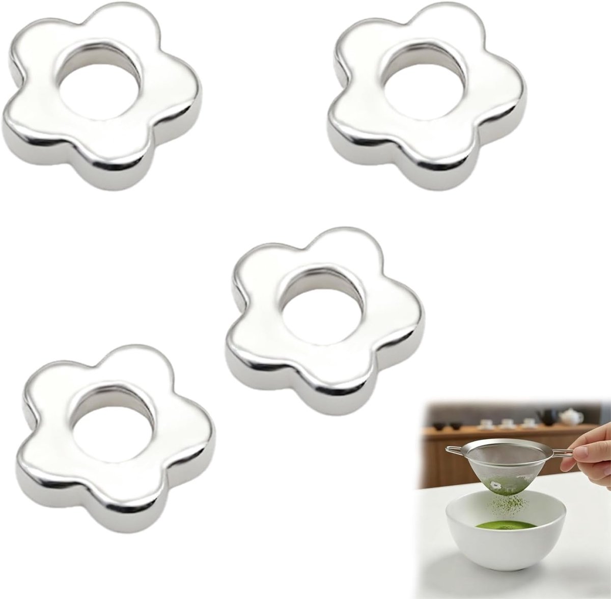 4 stuks Matcha-ziep, bloemvormige accessoires, fijnmeersieve, Matcha-sifter, roestvrij staal, voor de theeceremonie, keukenbarista, glad, zonder klompjes, poeder