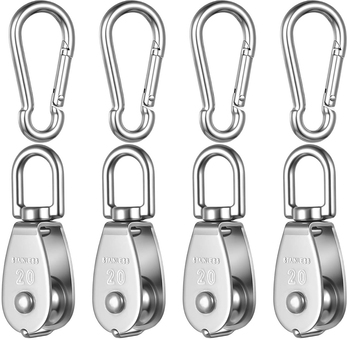 4 stuks katrol voor touwen, M20 kabels, roestvrij staal katrol voor lier, katrolsysteem voor zonnezeil, fitness, draagkracht 75 kg, met 4 karabijnhaken M6