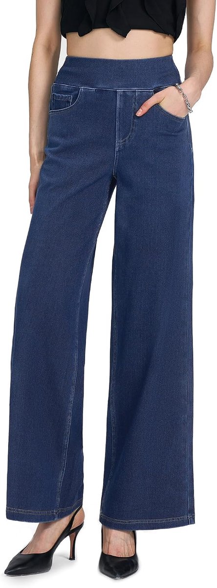 Jeans Dames Wijde Pijp Pull-on Stretch Broek met Elastische Taille