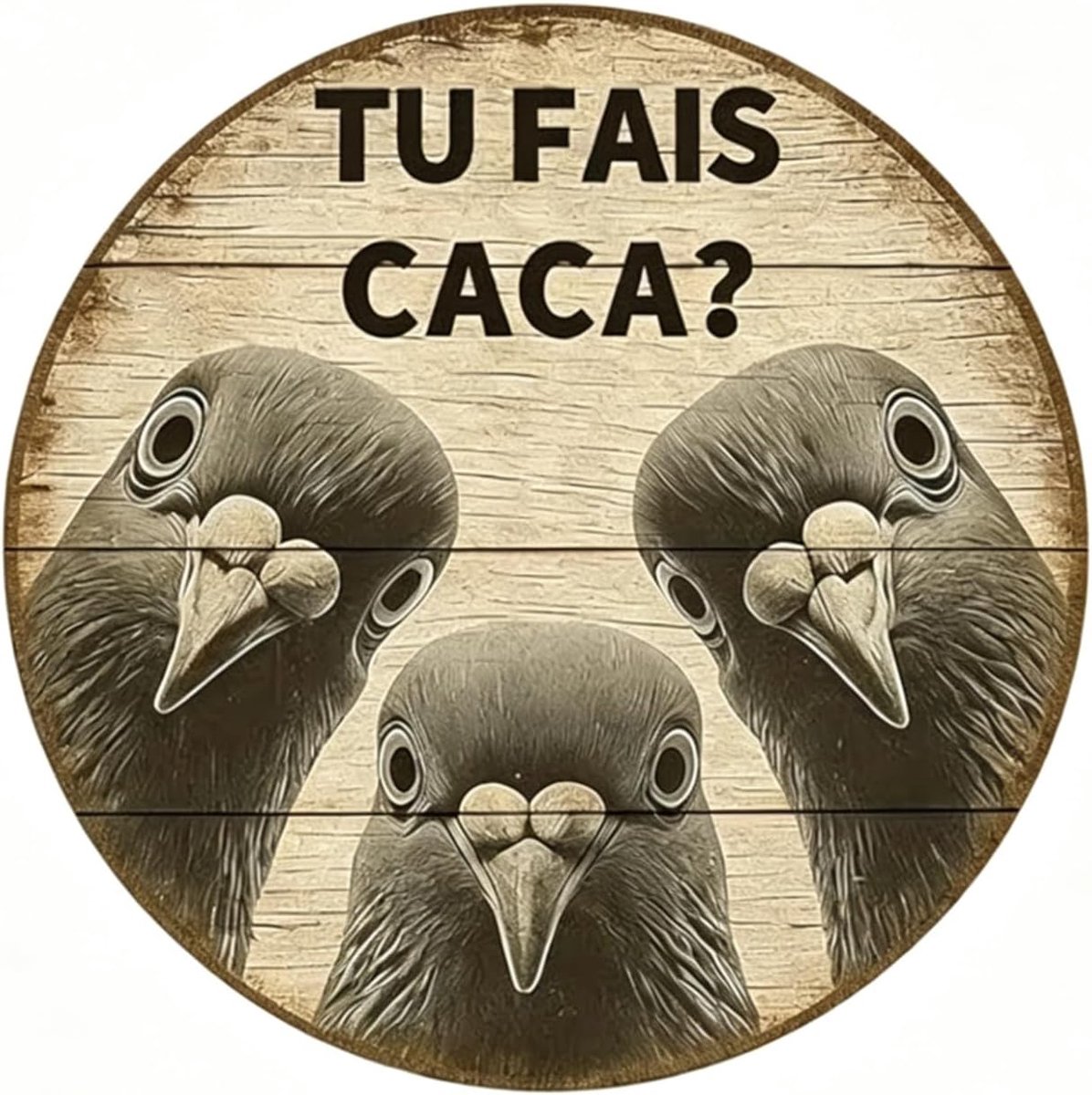 Rond Houten Bord van Gerecycled Hout 20cm – Franse Tekst "Tu fais caca?" met Duivenmotief, WC-Decoratie Bord met Voorgeboorde Gaten voor Toilet, Bar, Woonruimte