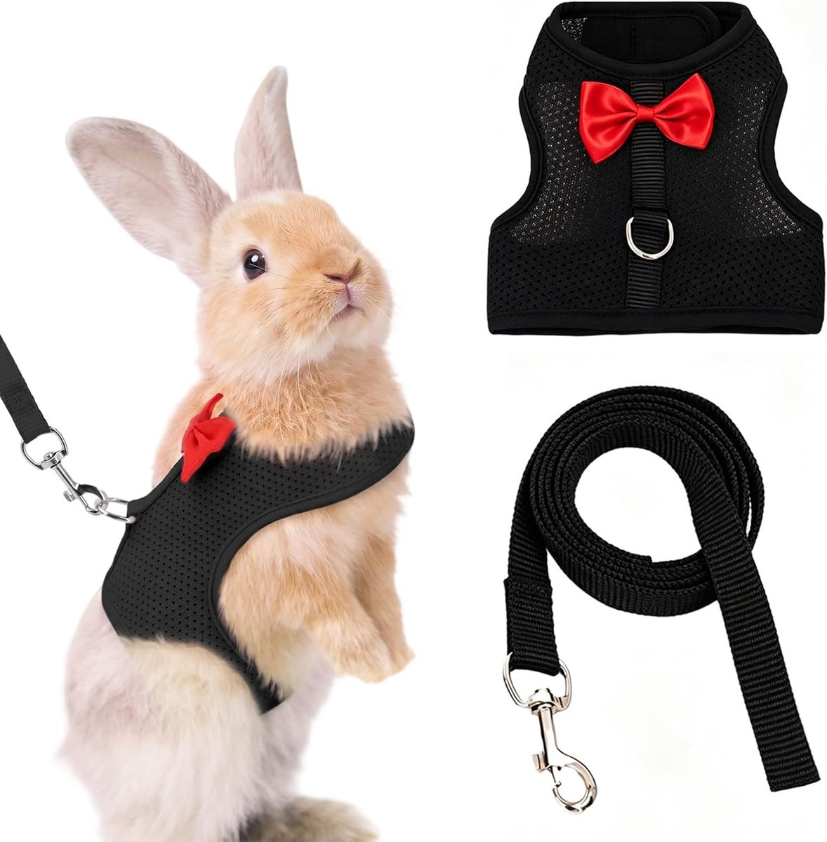 1 harnas met riem voor konijnen, zwart, rode strik, maat M (borstomvang 40 cm, ruglengte 12 cm) – ademend mesh voor wandelingen, geschikt voor katten en kleine honden
