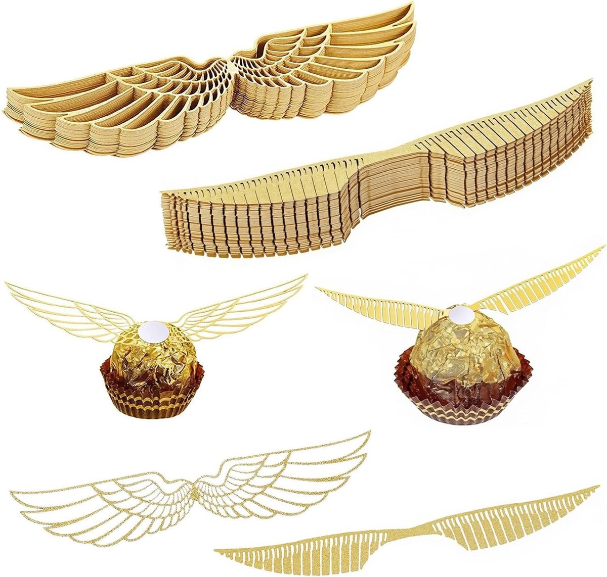 Set van 50 gouden vleugels, taartdecoratie, voor chocolade en cupcake, magie en tovenaars, 25 opengewerkte vleugels en 25 halfgeperforeerde vleugels voor kinderfeest