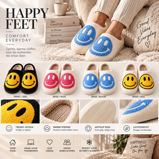 Collage van witte pantoffels met gele, roze en blauwe smiley gezichten, met details over comfort en materiaal.