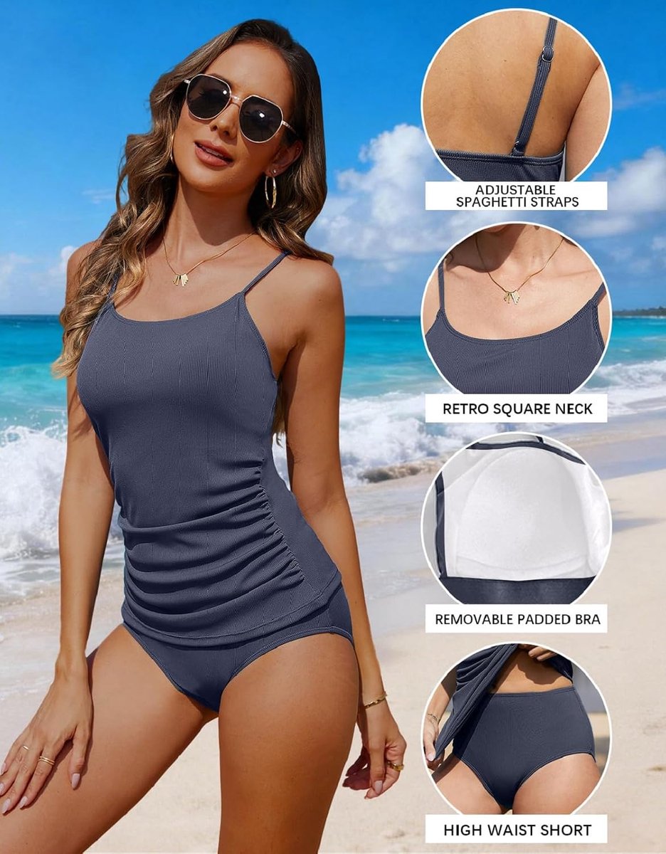 Tweedelig tankini-badpak voor dames, U-hals, tankini-top met bikinibroekje, buikcontrole, badpakken, volledige bedekking, strandkleding