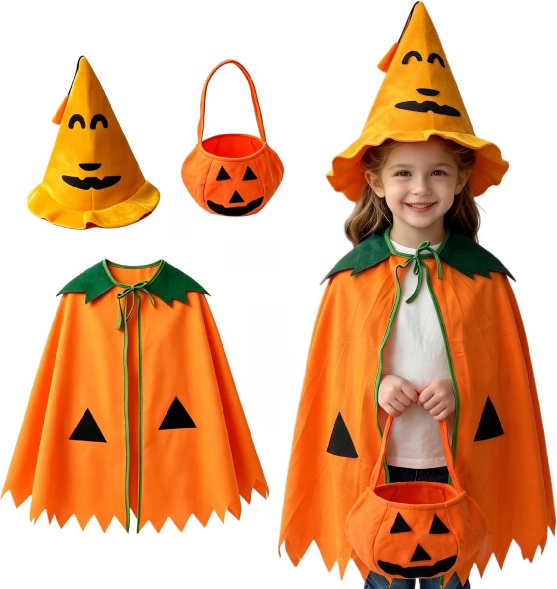 Kostuums, Pompoen Verkleedset voor Vrouwen & Mannen, Grappige Outfit voor Volwassenen, Oranje Vilt Cape met Pompoenhoed & Snoeptas voor Halloween, Carnaval, Tieners en Kinderen