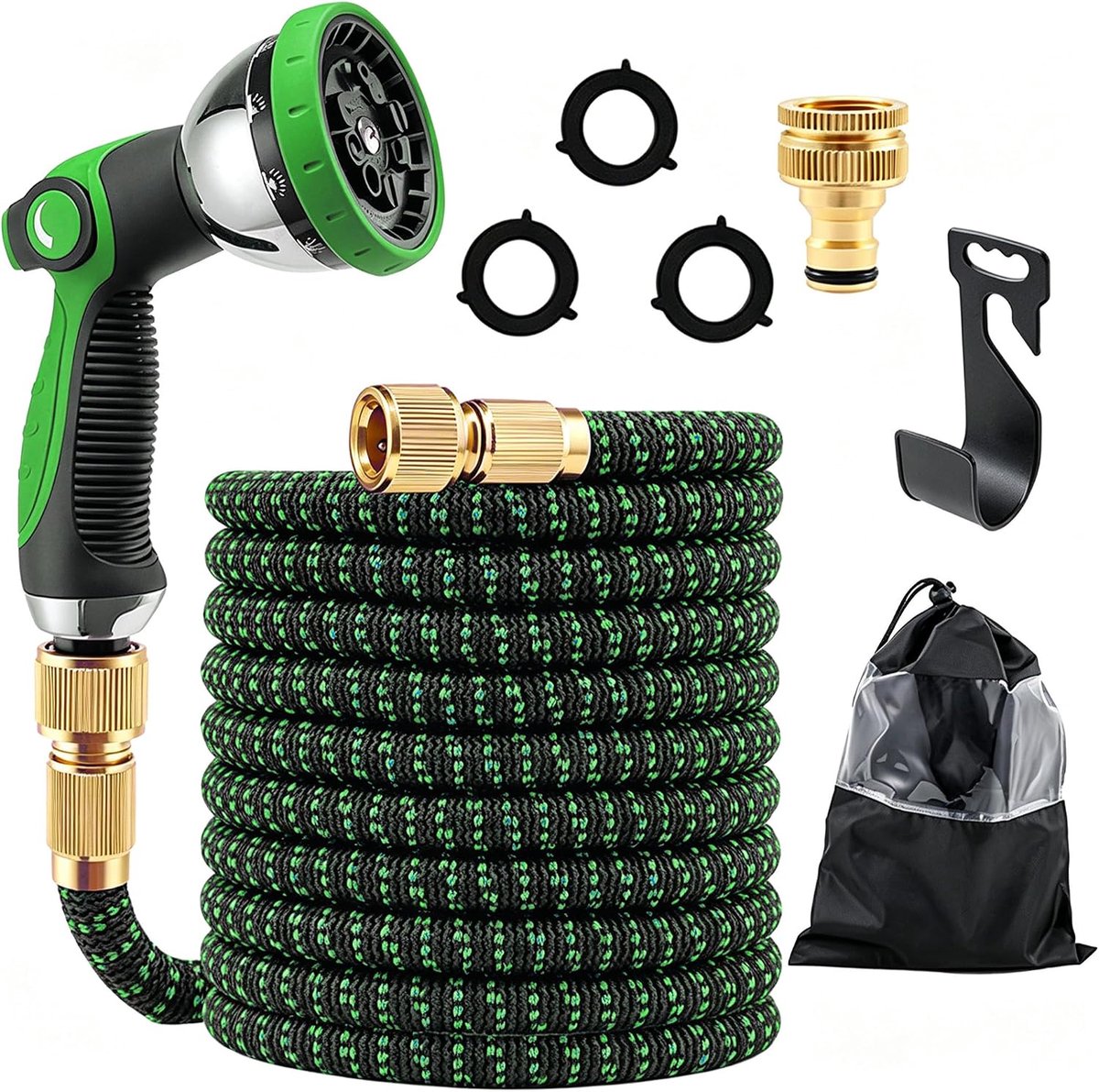 Tuinslang 15 m, duurzame 3-laagse latex waterslang 3/4 inch en 1/2 inch metalen aansluitingen, knikvrij, tuinslang met 10 functies spray
