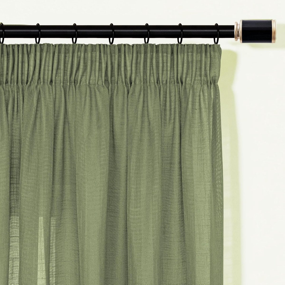 Gordijnen met plooiband, lusgordijn, set van 2, gordijnen, half-transparant, linnenlook, gordijnen, H 240 x B 140 cm, saliegroen