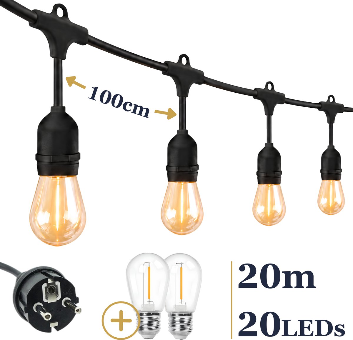 Odaily Lichtsnoer Buiten - 20m - 20 LEDs - Warm Wit Licht - IP65 - Professionele Kwaliteit