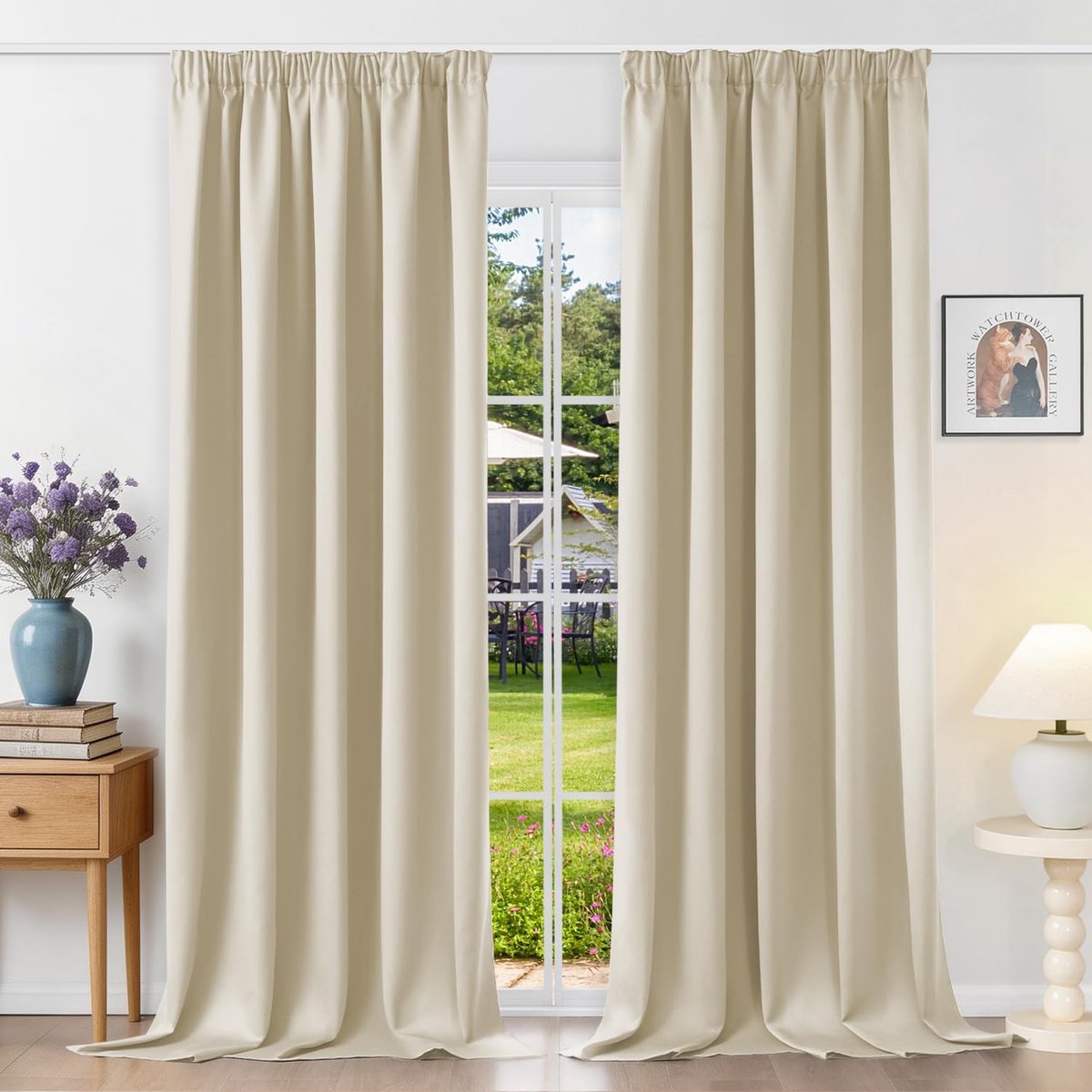 Gordijnen met plooiband, ondoorzichtig, lichtbeige, verduisteringsgordijnen, set van 2, 245 x 140 cm (H x B) voor railsysteem, thermische gordijnen, koudebescherming, schuifgordijnen voor
