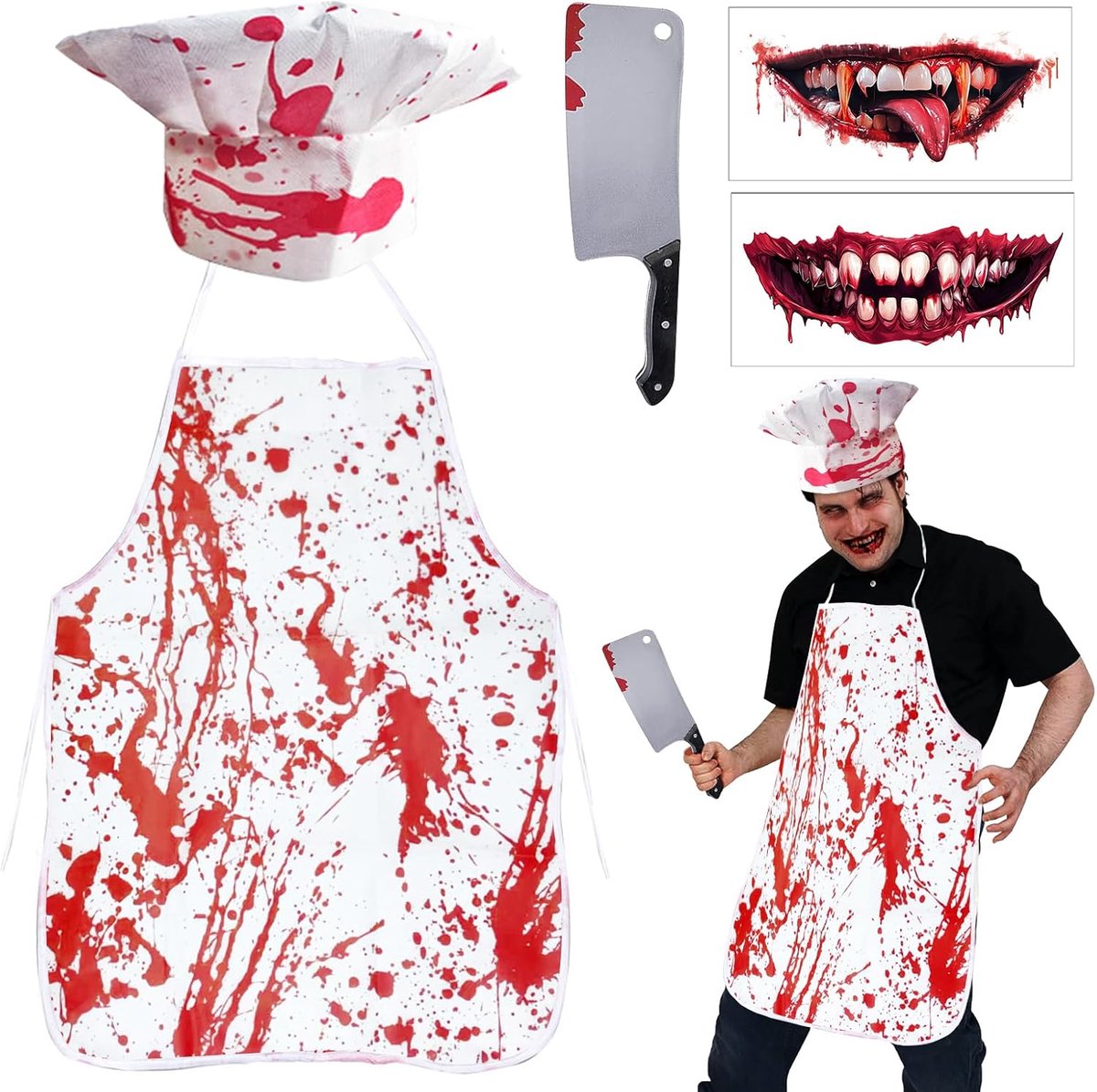 Slachterset, griezelig bloedig zombiekostuum, slagerschort Halloween + gezichtstattoo + rekwisieten mes horrorkostuum heren voor volwassenen en tieners