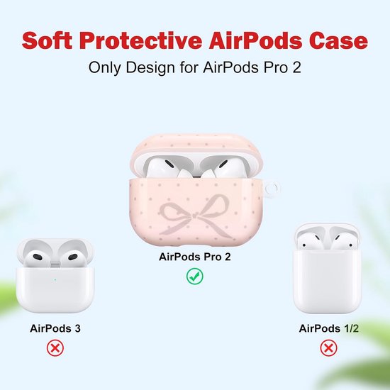 Roze beschermhoes voor Airpods Pro 2 gen, mooi design met grijze strik en stippenpatroon, met sleutelhanger voor meisjes en vrouwen, zachte TPU-behuizing voor Airpods Pro 2e generatie — afbeelding 3