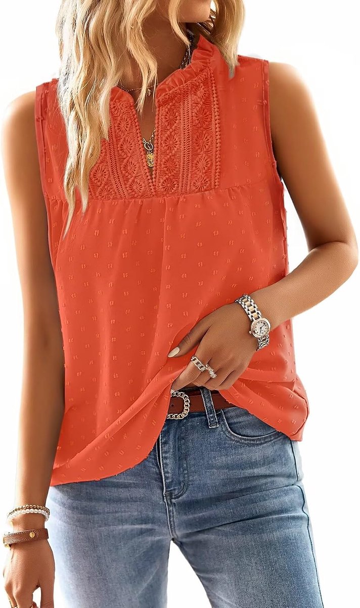 Tanktop Zomer Boho Bloes Mouwloos V-hals T-shirt Elegant Luchtig Casual Basic Outfit Kant