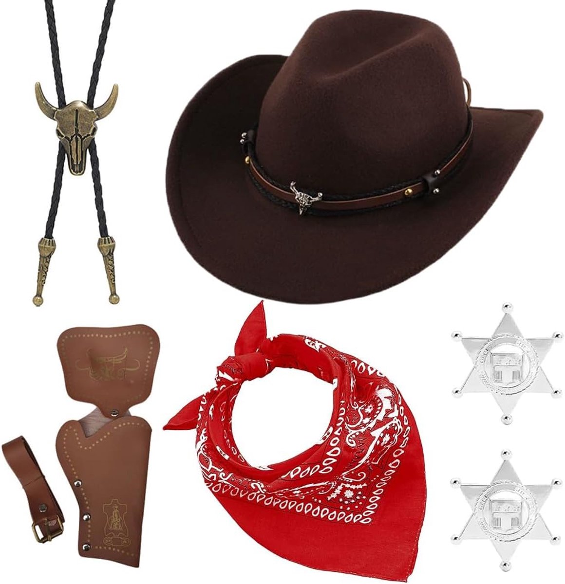 7PCS Western Cowboy Outfits Cosplay Accessoires Kit Fancy Dress Set met Cowboyhoeden Holster Riem Bandana Ketting Badge Cowboyhoed Kostuumaccessoires voor Carnaval(Bruin)