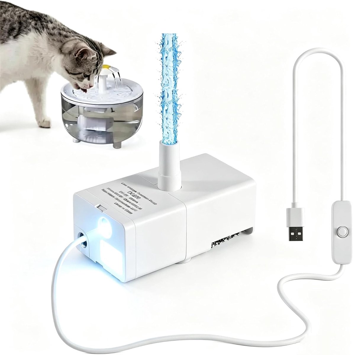 kattenfontein, reservepomp kattenfontein met verlichting en filter, kattendrinkfontein, USB-waterpomp DC200 met schakelaar, ultrastille waterpomp, klein, voor binnen of buiten
