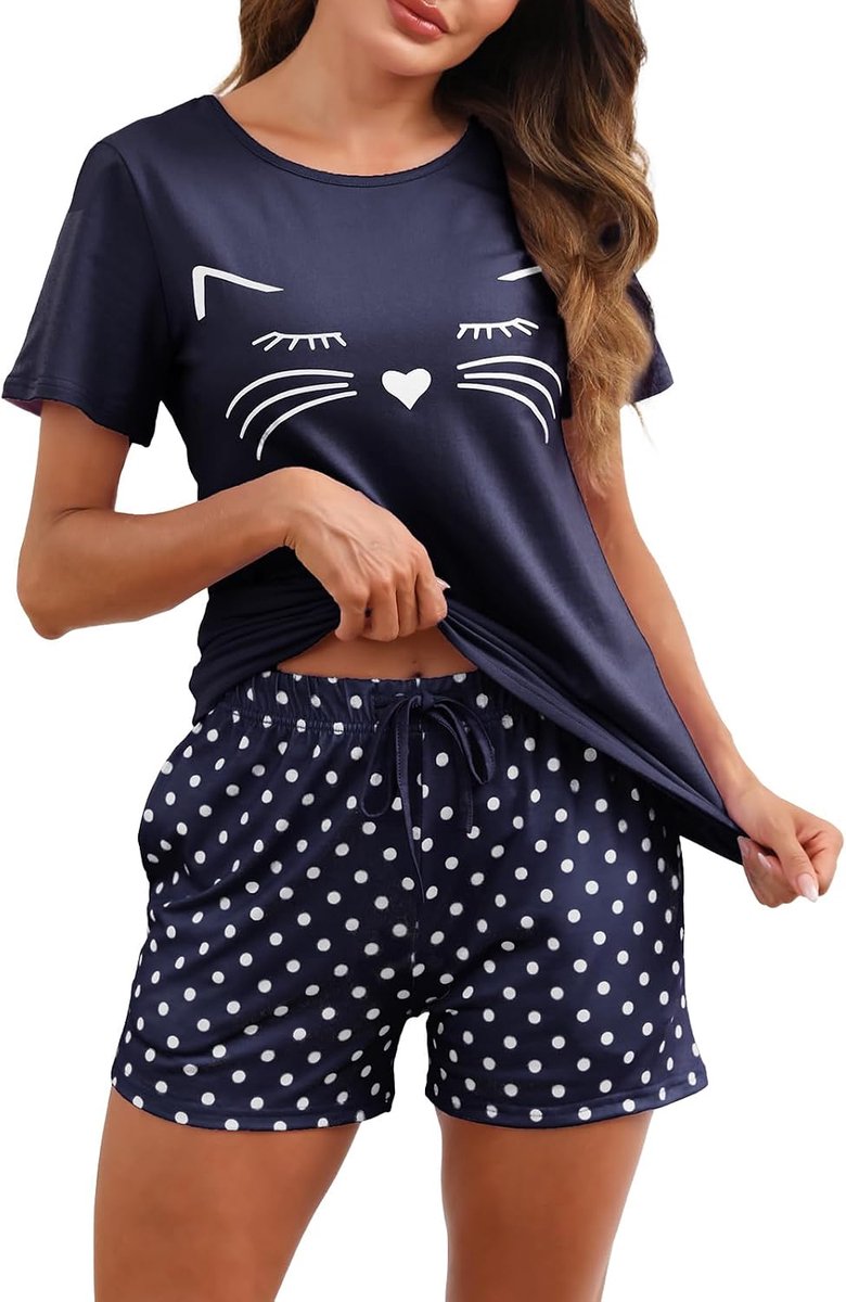 Pyjama voor dames, katoen, kort, zomer, pyjama voor dames, tweedelig, nachtkleding, thuis, korte mouwen, bovendeel en shorts met zakken, casual, zacht, perfect voor thuis en op vakantie