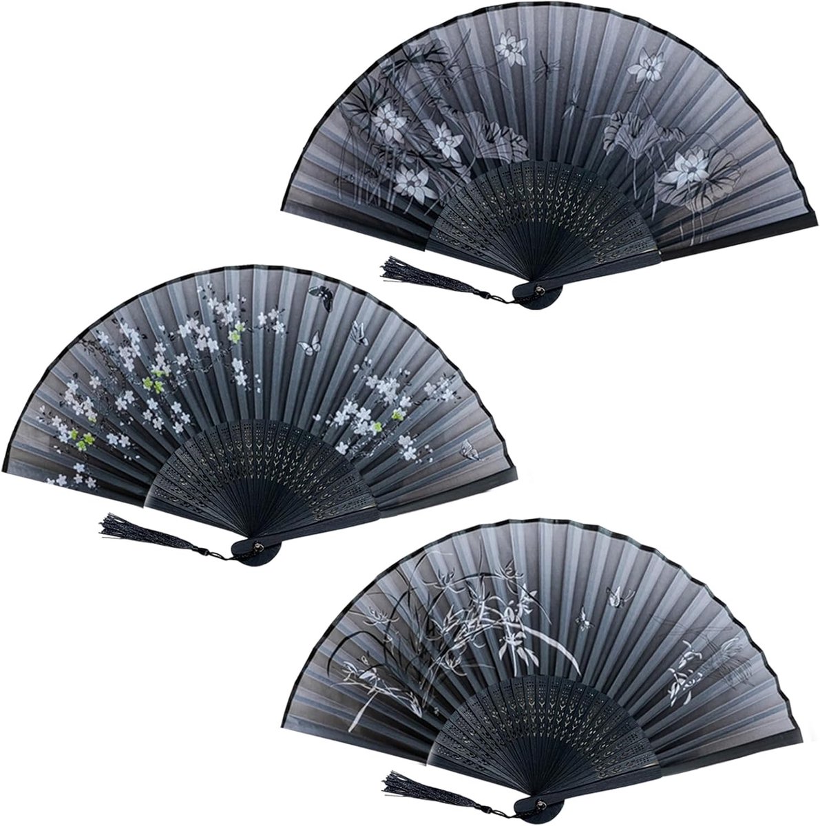3 stuks opvouwbare waaiers, zijden waaiers, handwaaier, houten stof, gesneden bamboe, handwaaier voor dames, voor verjaardagscadeaus, dansen, bruiloft, feest, rekwisietdecoratie