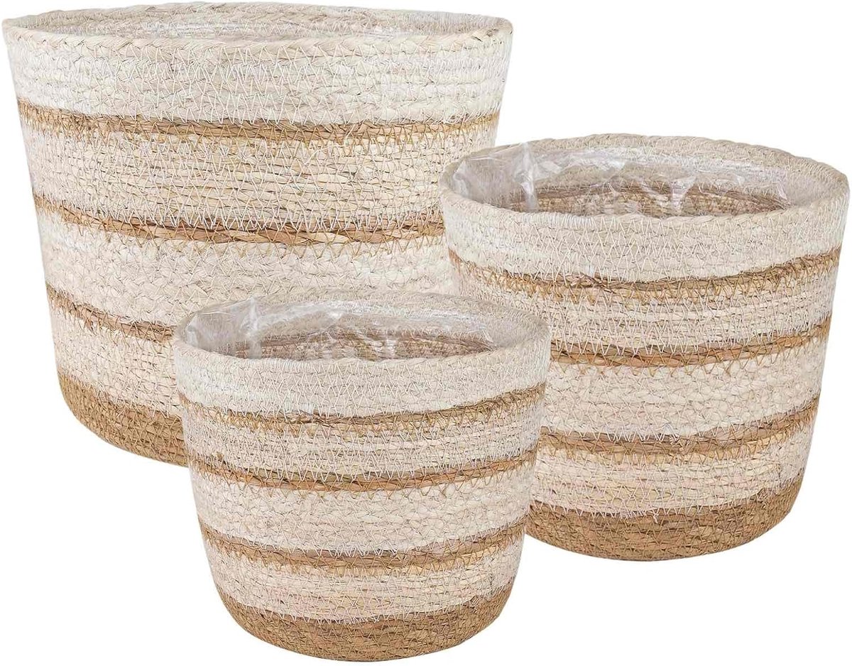 Zeegras plantenmanden, handgeweven, cilindrisch, natuurwit, beige, 3 stuks, verschillende maten, voor woonkamer, balkon, kantoor, decoratie
