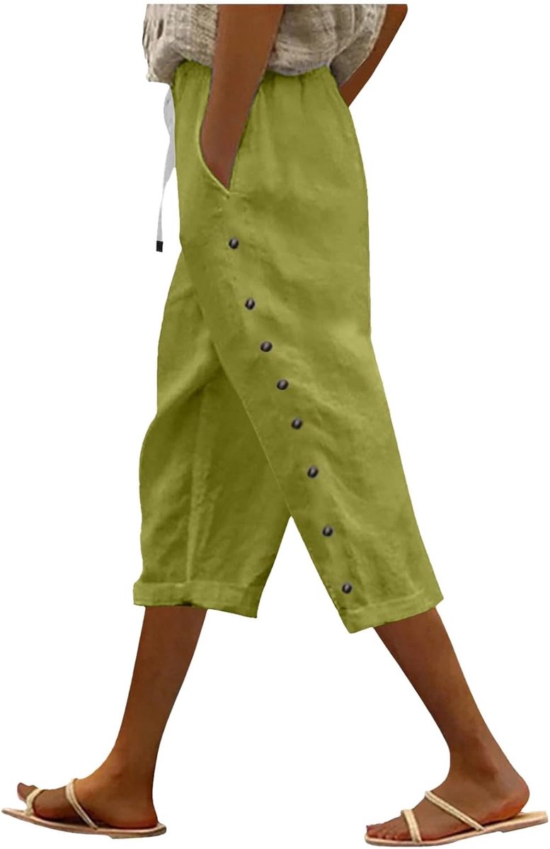 Zomerbroek voor dames, effen, elastische tailleband, los, knopen aan de zijkant, decoratie, capri, veelzijdig, casual