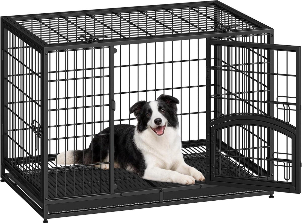 Duty Hondenbench, XL Metalen Hondenkooi, 107x70x75cm, Hondenkooi met Zijdeur en Verwijderbare Bak, Gemakkelijk Schoon te Maken, 4-Deurs Huisdierenkooien, Hondenbench Voor Binnen, Zwart