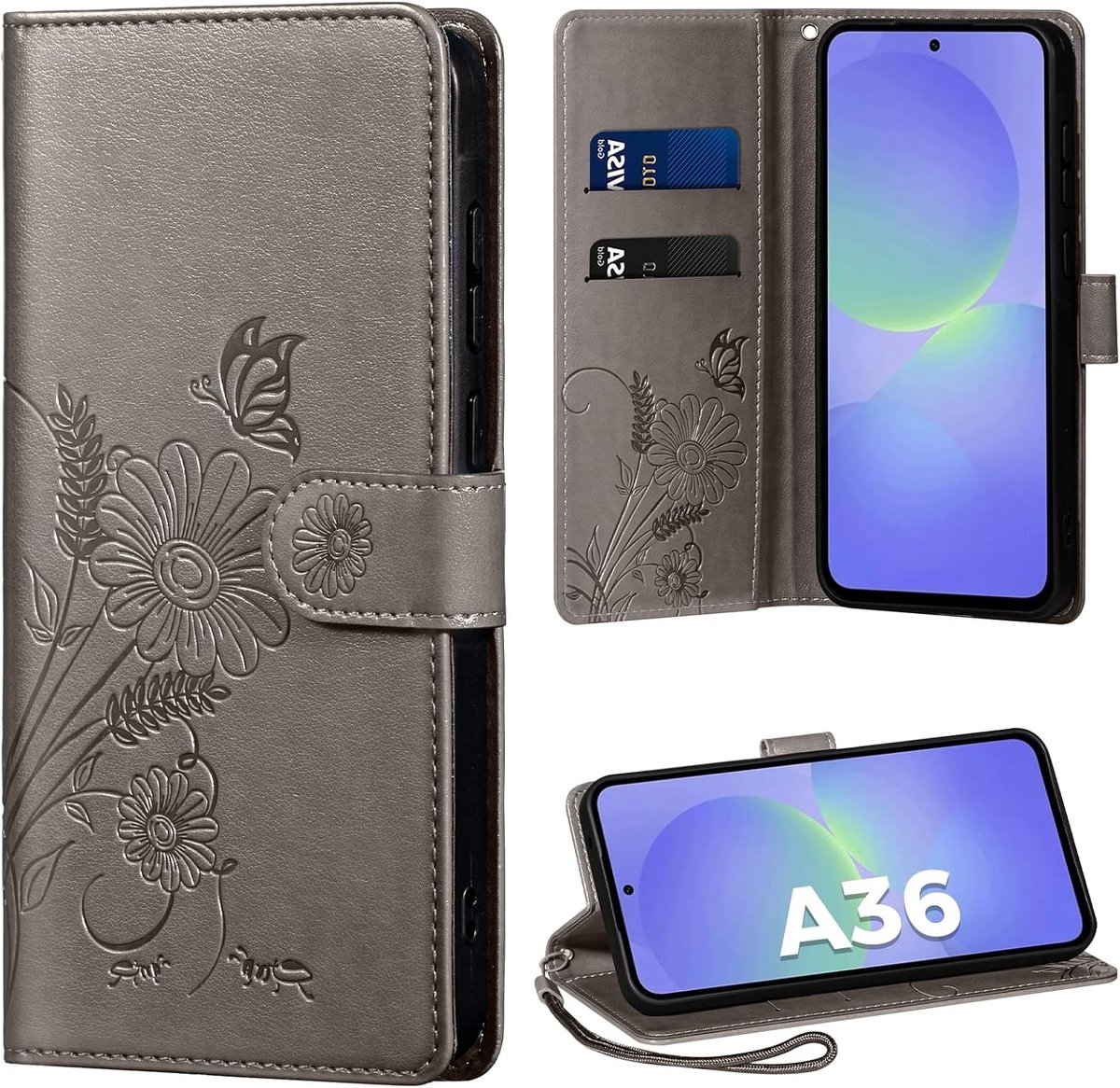 Telefoonhoesje voor Samsung Galaxy A36 5G, klaphoes van PU-leer, flip case, kaartsleuven, beschermhoes, compatibel met Samsung A36 5G, grijs