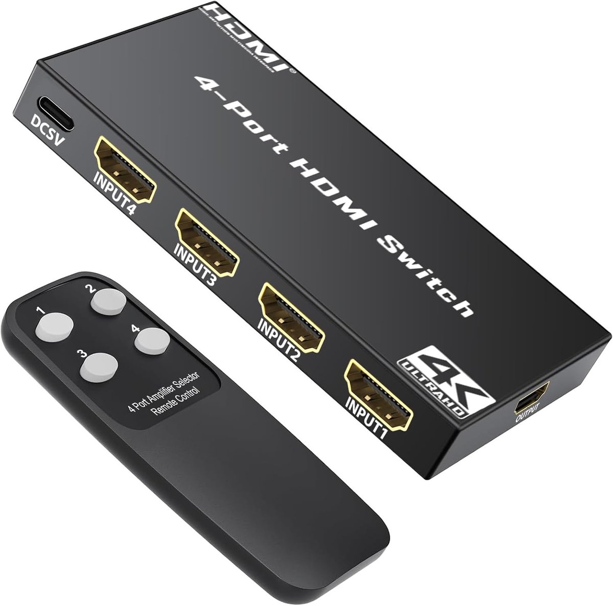 Switch 4K 30Hz 4 in 1 Out met IR-afstandsbediening, ondersteunt HDCP 1.4 HDR 3D, compatibel met PS5/4, Xbox, Apple TV, Skybox, Blu-Ray, HDTV