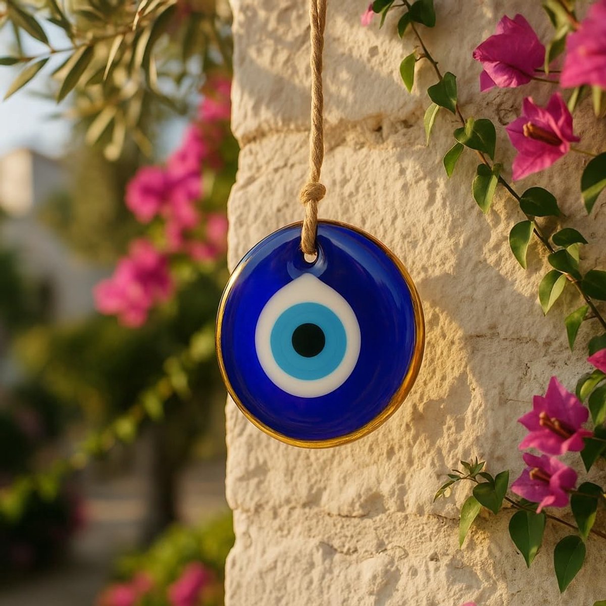 Blauw Boze Oog Muur Ophanging – Turkse Handgemaakte Nazar Amulet voor Huisbescherming – Meerdere Maten – Wanddecoratie met Geschenkdoos (Goud Gemonteerd, 5,1 cm)