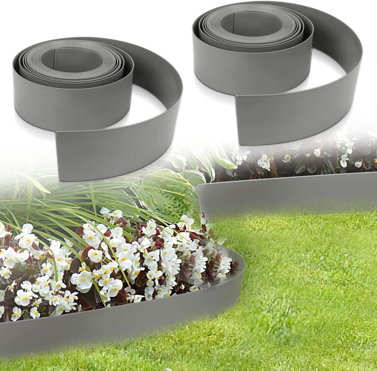 Maaikant gazon kunststof 2X, bed behuizing tuinomranding, perkomranding profielrand bestrating tuinpaden, gazonrandband (lengte 25m, hoogte 10 cm, grijs) ZA7294-M-2
