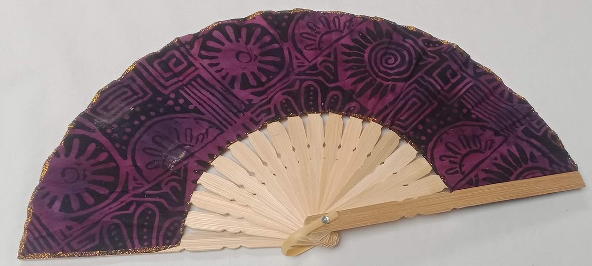 Eventail Fan, Handgemaakt, Batik + Bamboe, Opvouwbaar, 23 cm/43 cm (Paars/roze)