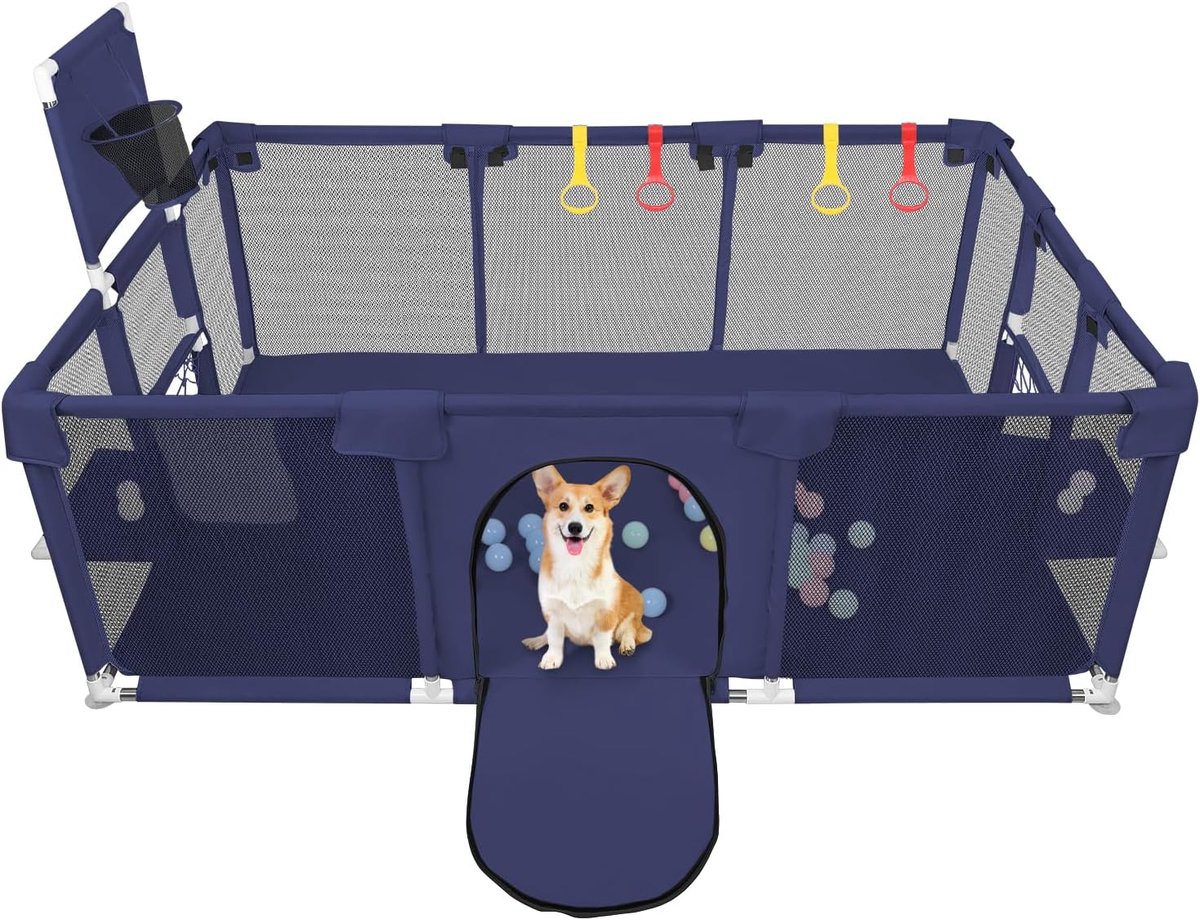Puppybox met deur, box voor puppy's of kleine honden, robuuste omheining van dikke stof en net van nylon, hoge sterkte, machinewasbaar, binnen en buiten, 180 x 120 x 66 cm, marineblauw