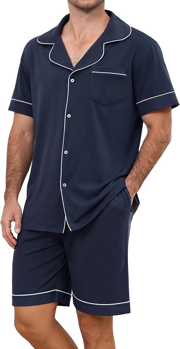 Pyjamaset voor heren, pyjamaset voor heren, korte mouwen en shorts, pyjamasets, comfortabel, lichtgewicht, loungewear met knopen, nachtkleding voor heren met zakken