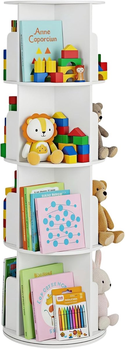 Boekenkast voor kinderen, 360 graden draaibaar, 4 niveaus, speelgoedrek, kinderrek geschikt voor kinderkamer, werkkamer, woonkamer, rond, wit