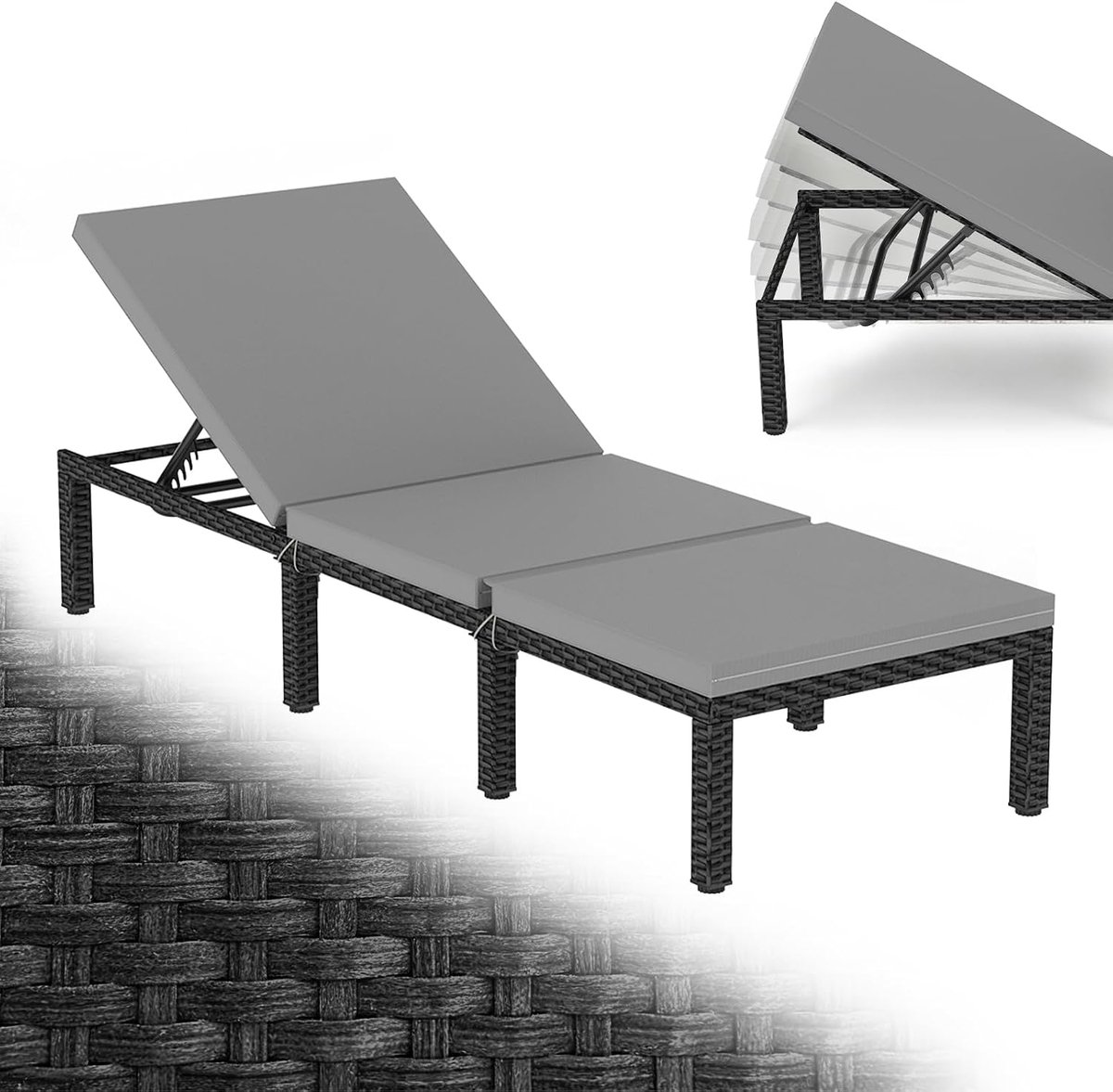 Zonneligstoel, polyrotan, 190 x 65 x 35 cm, tuinligstoel weerbestendig met 5-voudig verstelbare rugleuning en comfortabel kussen, tot 150 kg belastbaar, ligstoel voor tuin, terras, balkon